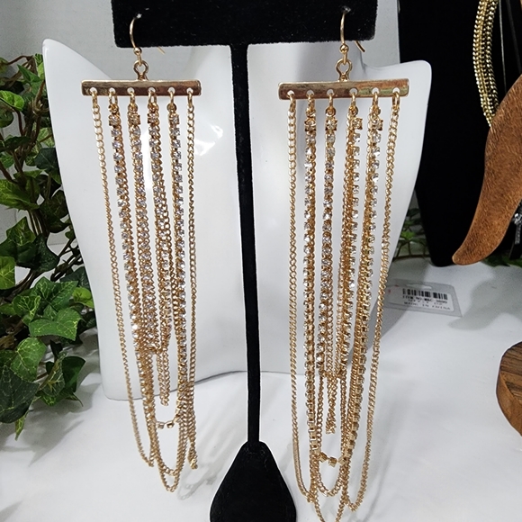 Gold Long Dangle Chain and Crystal Statement Earrings - Picture 1 of 5